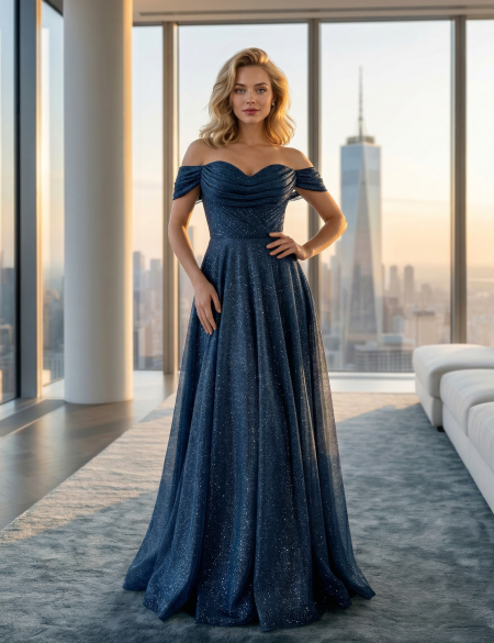 Тёмно-синее вечернее блестящее платье