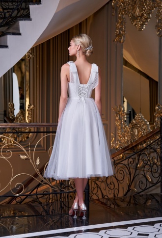 Белое платье миди юбка фатин, верх глиттер с бантиками на плечах