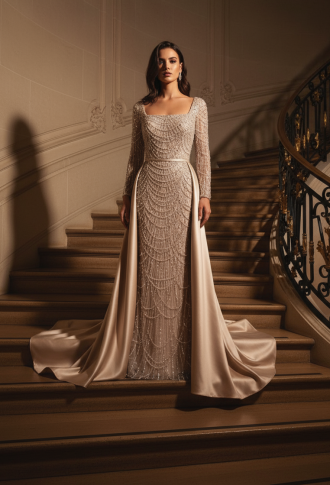 Бежевое платье из бисера с рукавами и съёмной юбкой