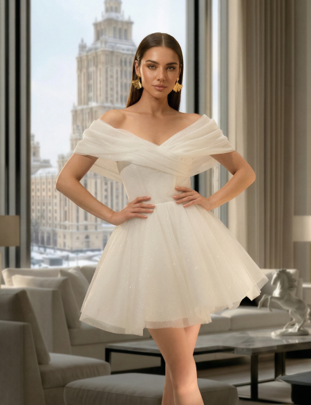 Белое блестящее платье мини со спущенными плечами