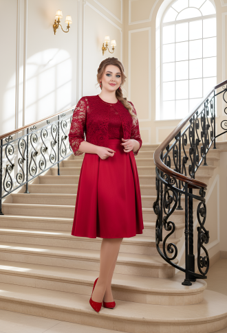 Кружевной верх, юбка атлас с болеро - Бордовый