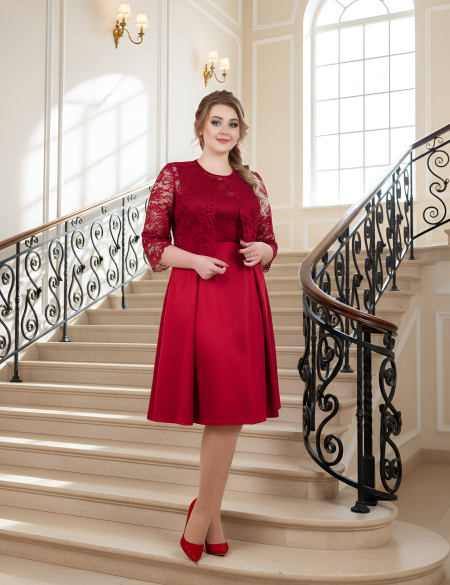 Кружевной верх, юбка атлас с болеро - Бордовый