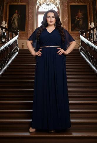 Темно-синее трикотажное платье с шифоновыми рукавами крыло