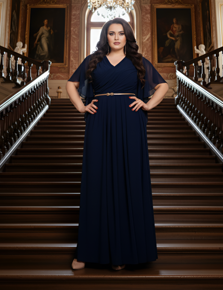 Темно-синее трикотажное платье с шифоновыми рукавами крыло