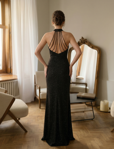 Чёрное вечернее платье с разрезом и высоким воротом