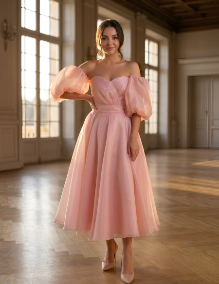 Персиковое платье миди из органзы с буфами