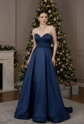 Тёмно-синее платье бандо со шлейфом Sherry Hill