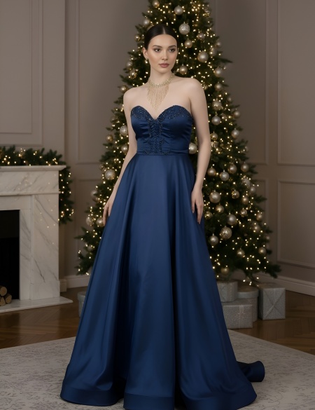 Тёмно-синее платье бандо со шлейфом Sherry Hill