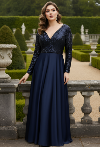 Тёмно-синее атласное платье с длинными рукавами, верх декорирован пайетками