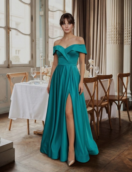 Атласное платье с разрезом на ноге и спущенными плечами