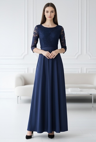 Темно-синее атласное платье с кружевным топом