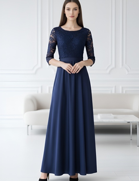Темно-синее атласное платье с кружевным топом