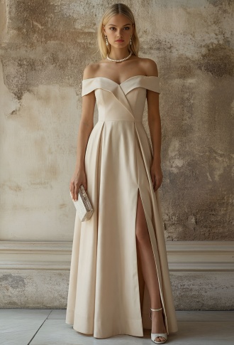 Бежевое атласное платье с разрезом