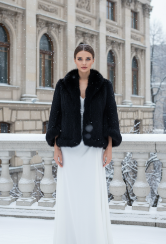 Короткая чёрная вязаная шубка из норки с песцом