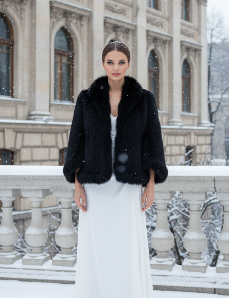Короткая чёрная вязаная шубка из норки с песцом