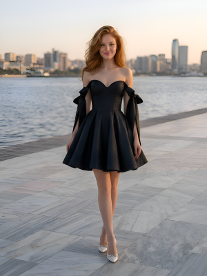 Чёрное платье мини  из парчи с бантиками