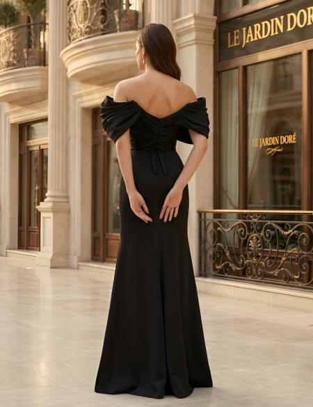 Чёрное платье по фигуре с разрезом на ноге и объёмными спущенными плечами