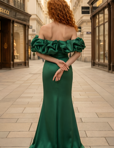 Изумрудное платье по фигуре с разрезом на ноге и оборкой