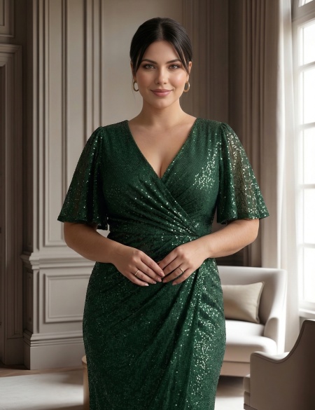 Изумрудное блестящее платье по фигуре с рукавами крыло