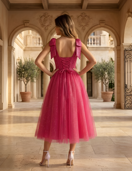 Малиновое платье миди с фатиновой юбкой и блестящим верхом