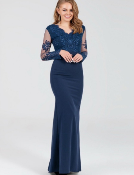 Темно-синее платье по фигуре с кружевным верхом и длинными рукавами