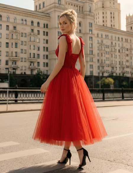 Красное платье миди с бантами на плечах