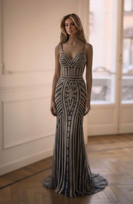 Сине-золотое платье по фигуре из страз на бретельках со шлейфом