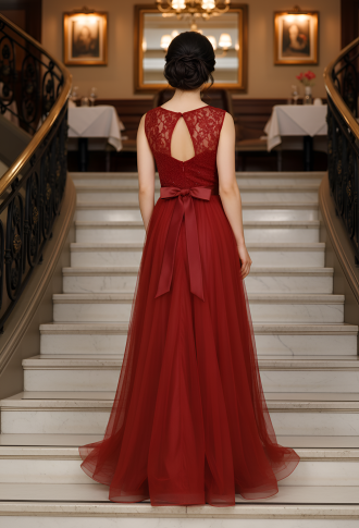 Бордовое фатиновое платье с гипюровым верхом верхом и атласным поясом