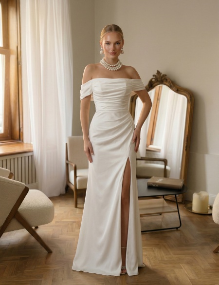 Белое блестящее платье по фигуре с разрезом на ноге и спущенными плечами