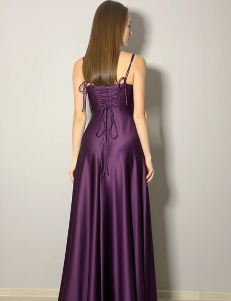 Фиолетовое атласное платье с закрытым верхом