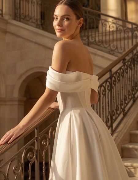 Белое платье со спущенными плечами а-силуэт