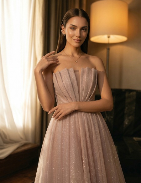 Пудровое блестящее платье миди бандо