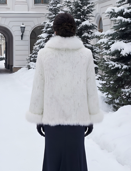 Вязаная белая норковая шуба с воротником из меха песца 
