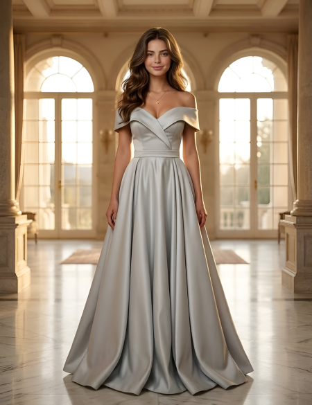 Серое атласное платье с разрезом