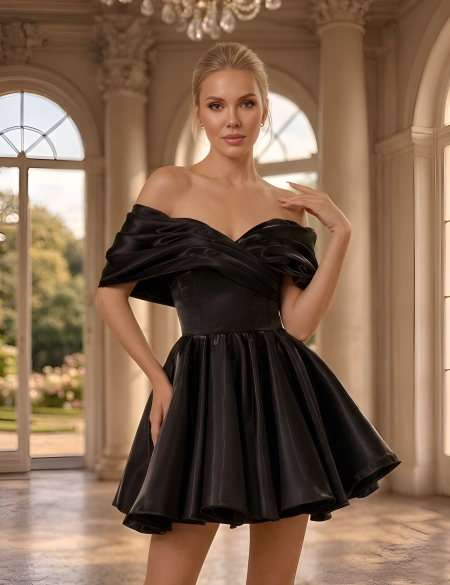 Чёрное платье мини из зеркальной органзы с объёмными спущенными плечами