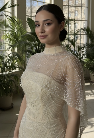 Бежевое платье по фигуре с накидкой