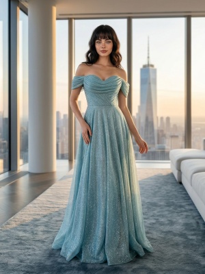 Вечернее блестящее платье Морская волна