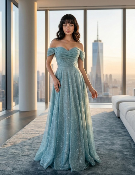 Вечернее блестящее платье Морская волна