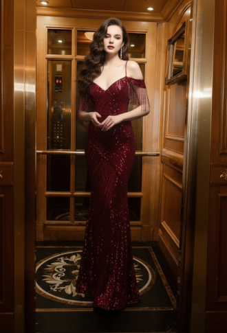 Бордовое платье из пайеток со спущенными плечами и бусинами