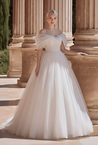 Белое блестящее платье с объемными плечами