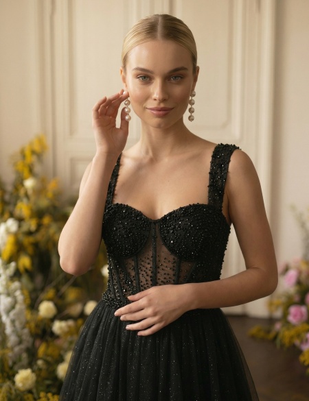 Черное вечернее платье макси с кружевным корсетом на широких бретелях и мерцающей юбкой