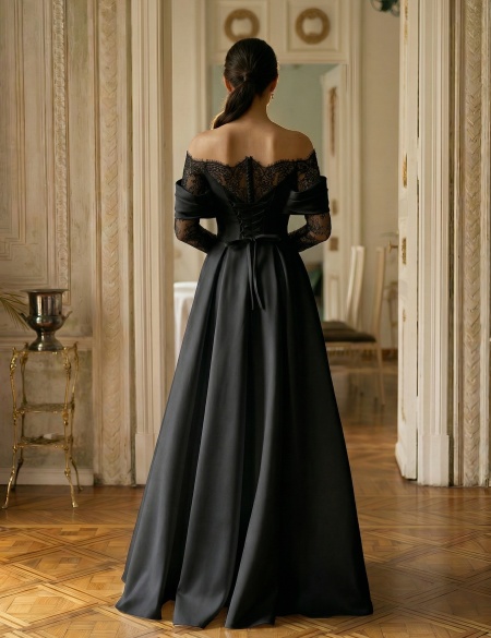 Черное вечернее платье А-силуэта с кружевными вставками и спущенными рукавами
