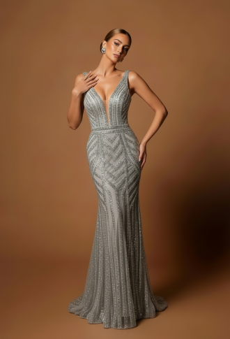 Серебряное платье по фигуре из страз на толстых бретельках  со шлейфом