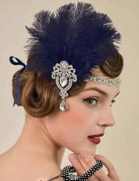 Синее перо на голову со стразами