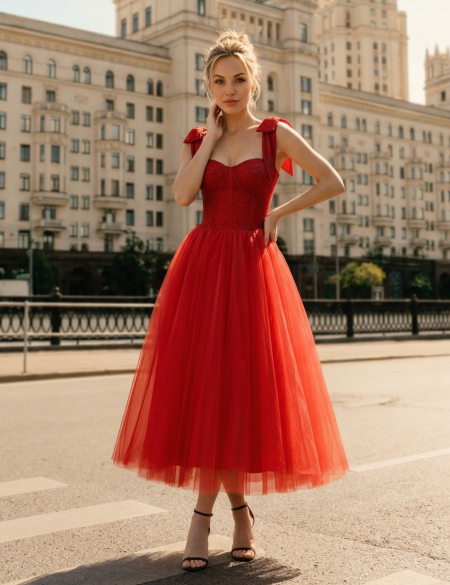 Красное платье миди с бантами на плечах