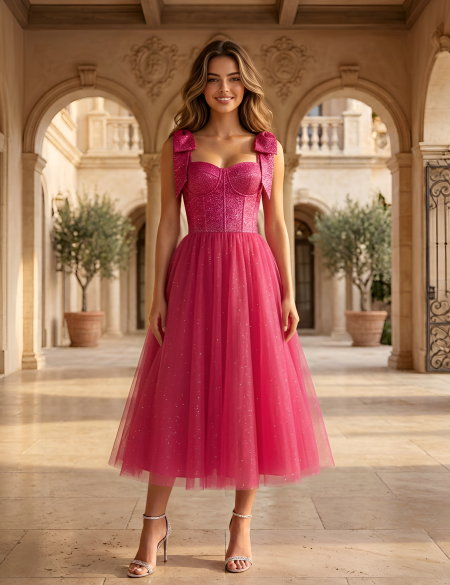 Малиновое платье миди с фатиновой юбкой и блестящим верхом