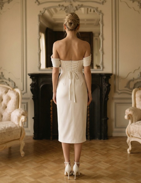 Белое платье миди с разрезом на ноге и спущенными плечами