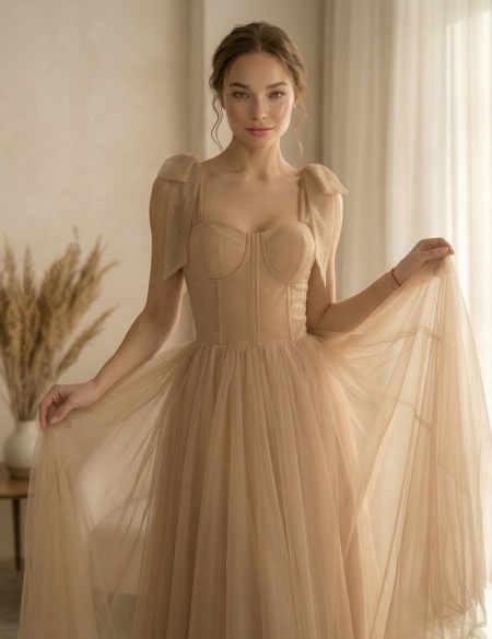 Бежевое фатиновое платье с блестящим верхом и бантиками