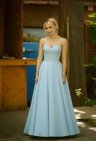 Голубое платье с оборкой из цветов