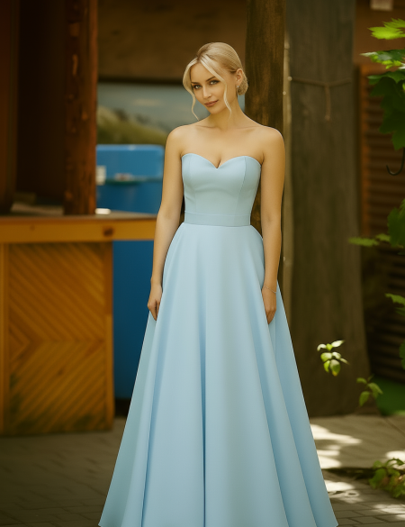 Голубое платье с оборкой из цветов